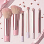 Pastel pink six-piece makeup brush kit with fluffy synthetic bristles for everyday foundation, blush and eye makeup looks