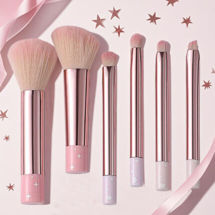 Pastel pink six-piece makeup brush kit with fluffy synthetic bristles for everyday foundation, blush and eye makeup looks