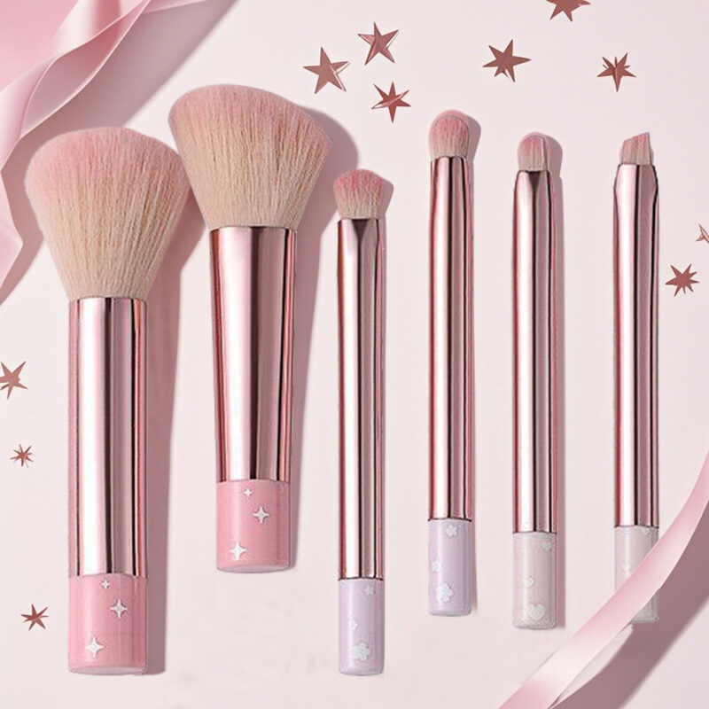 Pastel pink six-piece makeup brush kit with fluffy synthetic bristles for everyday foundation, blush and eye makeup looks