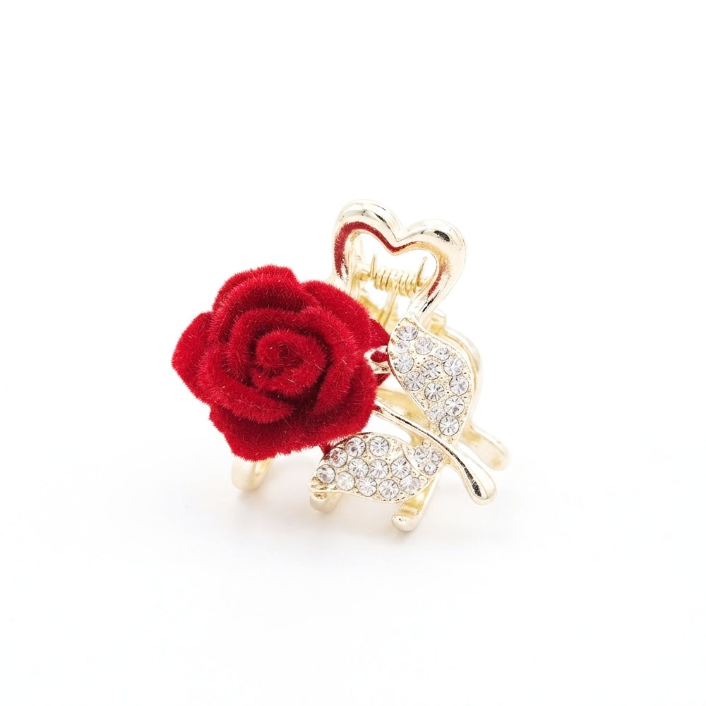 1 Wine Red Velvet Rose Mini Pearl Hair Pins - Image 1