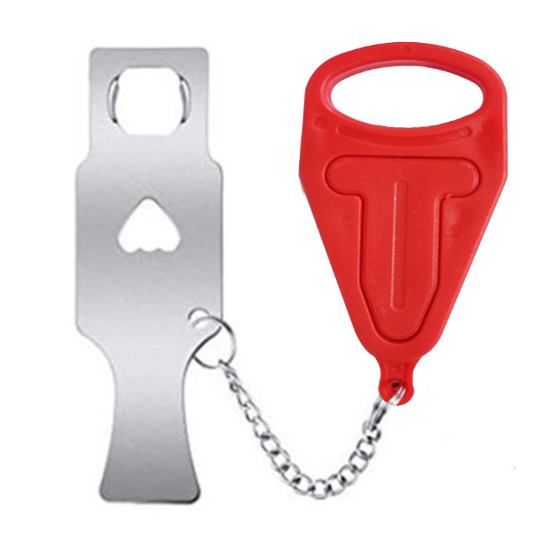 Portable Travel Door Lock, Anti-Theft Safety Door Latch for Hotel & Home Use Red and silver portable travel safety door lock connected by metal chain for hotel and home anti-theft protection