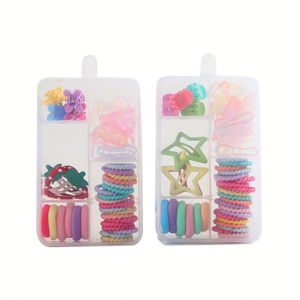 Assorted colorful girls hair clips and hair ties set in clear compartment storage case