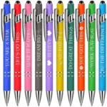 10 assorted colored retractable ballpoint pens printed with positive motivational inspirational quotes