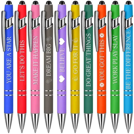 10 assorted colored retractable ballpoint pens printed with positive motivational inspirational quotes