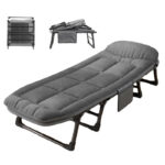 Gray Padded Folding Camping Cot with Side Storage Pocket, Adjustable Reclining Portable Sleeping Bed for Office Nap, Outdoor Camping, Guest Rest, Foldable Compact Design