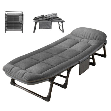 Gray Padded Folding Camping Cot with Side Storage Pocket, Adjustable Reclining Portable Sleeping Bed for Office Nap, Outdoor Camping, Guest Rest, Foldable Compact Design