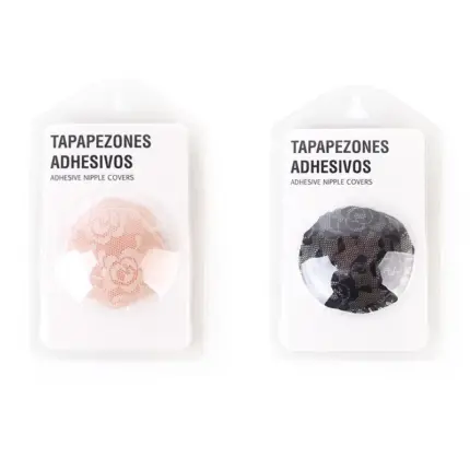 Packaged nude and black floral lace adhesive invisible nipple cover pasties on white background