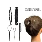 Five-piece black plastic hair braiding tools set with bun maker, loop turners and parting comb, paired with finished bun hairstyle display