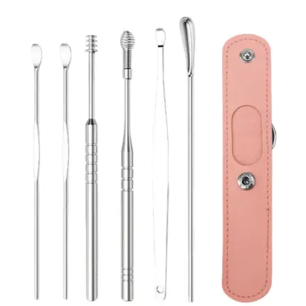 Six different stainless steel ear wax removal tools set with pink snap leather storage case for personal ear care cleaning
