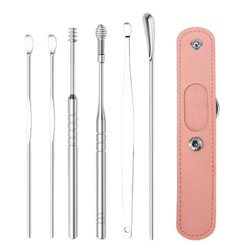 Six different stainless steel ear wax removal tools set with pink snap leather storage case for personal ear care cleaning Six different stainless steel ear wax removal tools set with pink snap leather storage case for personal ear care cleaning