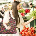 Multi-pattern foldable waterproof reusable shopping tote bag, shown unfolded and folded with carabiner clip for grocery, travel and picnic daily use