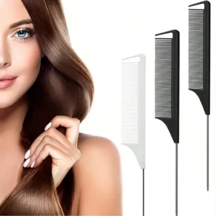 Black carbon fiber steel pin rat tail combs used for precise hair parting and salon hairstyling work