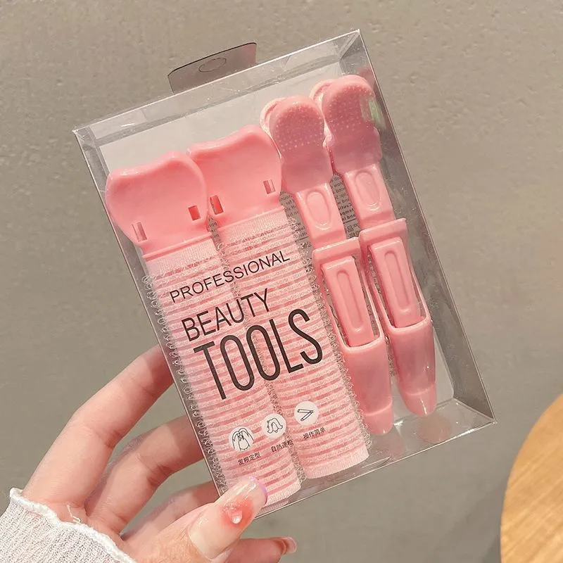 Pink plastic self-grip hair root volumizing curling clips set packaged in transparent box for DIY fluffy hairstyle styling