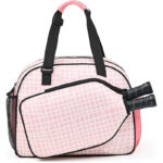Pink grid patterned handheld sports duffel bag with external racket slot and mesh side pocket for athletic equipment