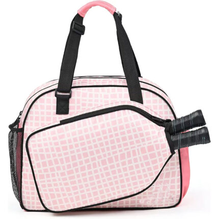 Pink grid patterned handheld sports duffel bag with external racket slot and mesh side pocket for athletic equipment