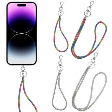 Silver and rainbow full rhinestone bling detachable phone lanyard wrist neck straps for anti-lost cellphone use