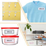 Blank writeable name label stickers applied on lockers, t-shirts, food containers and closet storage boxes for home organization