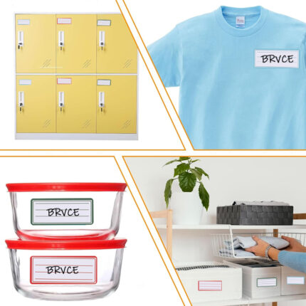 Blank writeable name label stickers applied on lockers, t-shirts, food containers and closet storage boxes for home organization