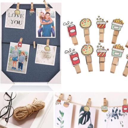 Mini natural wood clothespins decorated with pizza, fries and soda prints for hanging photos, paper crafts and ornament display