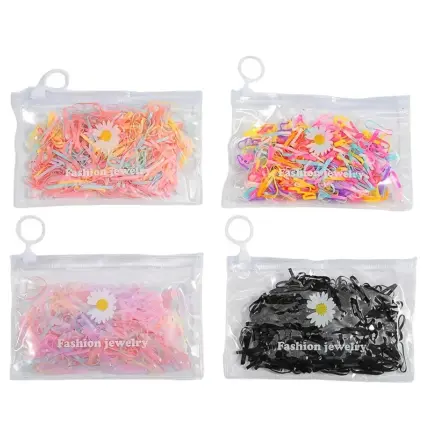 Four packs assorted disposable mini hair rubber bands packed in daisy printed zipper storage bags