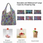 Vintage ethnic printed foldable zipper reusable shopping bag, folds into small zipper pouch for grocery shopping, travel and daily errands