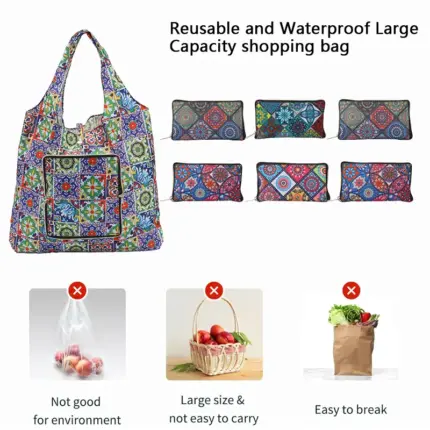 Vintage ethnic printed foldable zipper reusable shopping bag, folds into small zipper pouch for grocery shopping, travel and daily errands