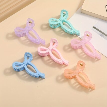 Pastel bow-shaped hair claw clips with rhinestones, sweet macaron hair grab barrette for women daily hairstyle