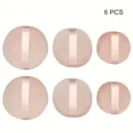 Six beige velour round powder puffs with ribbon band, dual-purpose dry wet makeup applicators for face foundation and loose powder