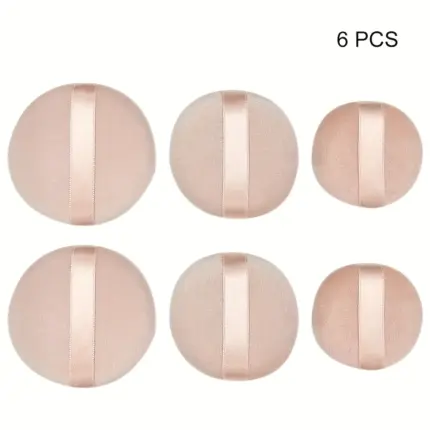 Six beige velour round powder puffs with ribbon band, dual-purpose dry wet makeup applicators for face foundation and loose powder