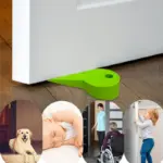 Green rubber stackable door stopper placed under door to prevent finger pinching for household safety use