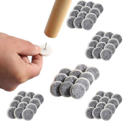 Grey round nail-on felt furniture leg pads with wooden mallet installation for chair table floor protection