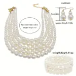 Multi-color five layered chunky faux pearl jewelry set with bib necklace, stretch bracelet and matching dangle earrings for wedding and formal party wear