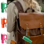 Multicolor mini plastic tumbler shaped keychain with handle, straw lid and metal carabiner clip, decorative bag charm pendant