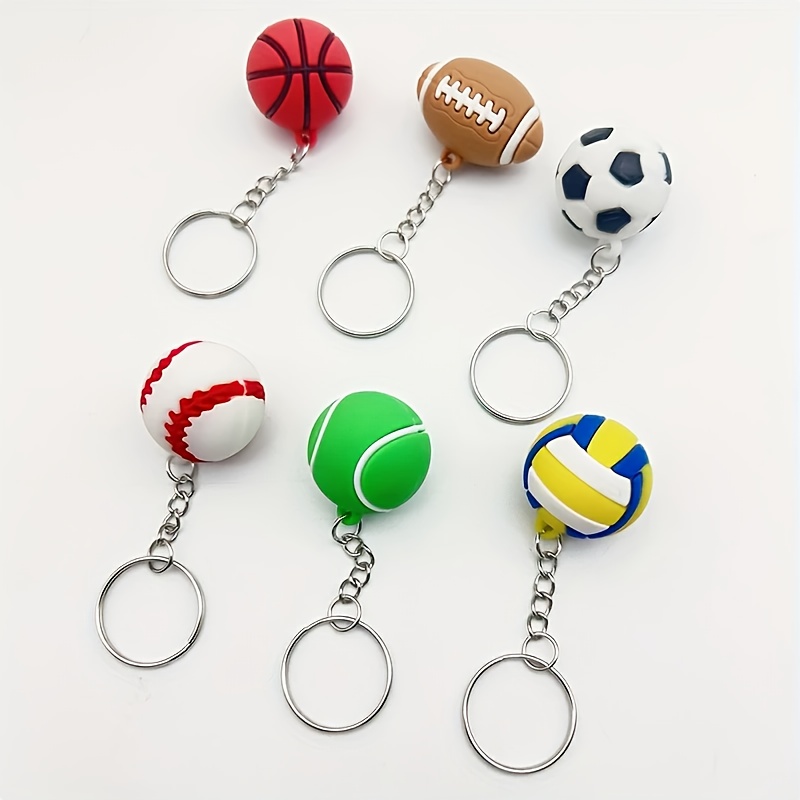 Six mini rubber sport ball shaped keychains including basketball rugby soccer baseball tennis volleyball for fan bag decoration