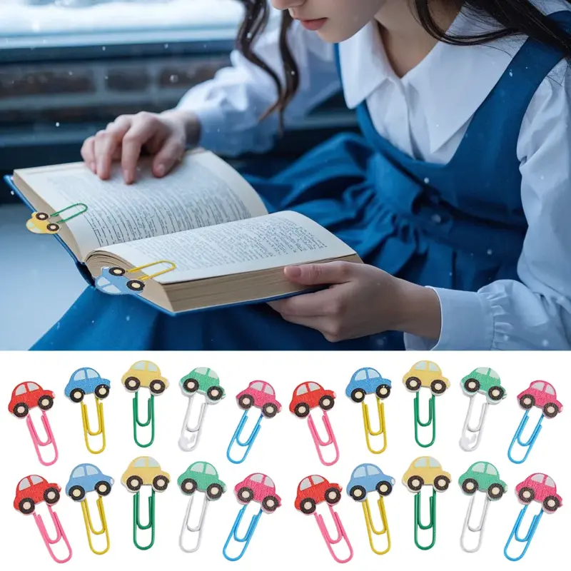 Colorful cartoon car decorative paper clip bookmarks, used as page markers for reading books, journals and office paperwork