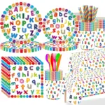 Rainbow alphabet letter printed disposable party tableware set for birthday party decoration
