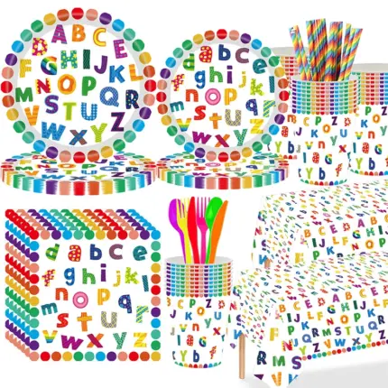 Rainbow alphabet letter printed disposable party tableware set for birthday party decoration