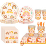 Boho retro rainbow disposable party supplies including paper plates cups napkins tablecloth for kids birthday party