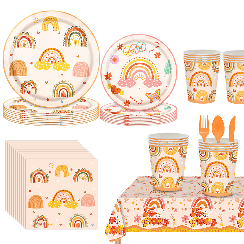 Boho retro rainbow disposable party supplies including paper plates cups napkins tablecloth for kids birthday party
