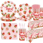 Pink Sweet One strawberry printed disposable tableware kit for girl first birthday party decoration