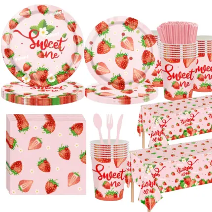 Pink Sweet One strawberry printed disposable tableware kit for girl first birthday party decoration