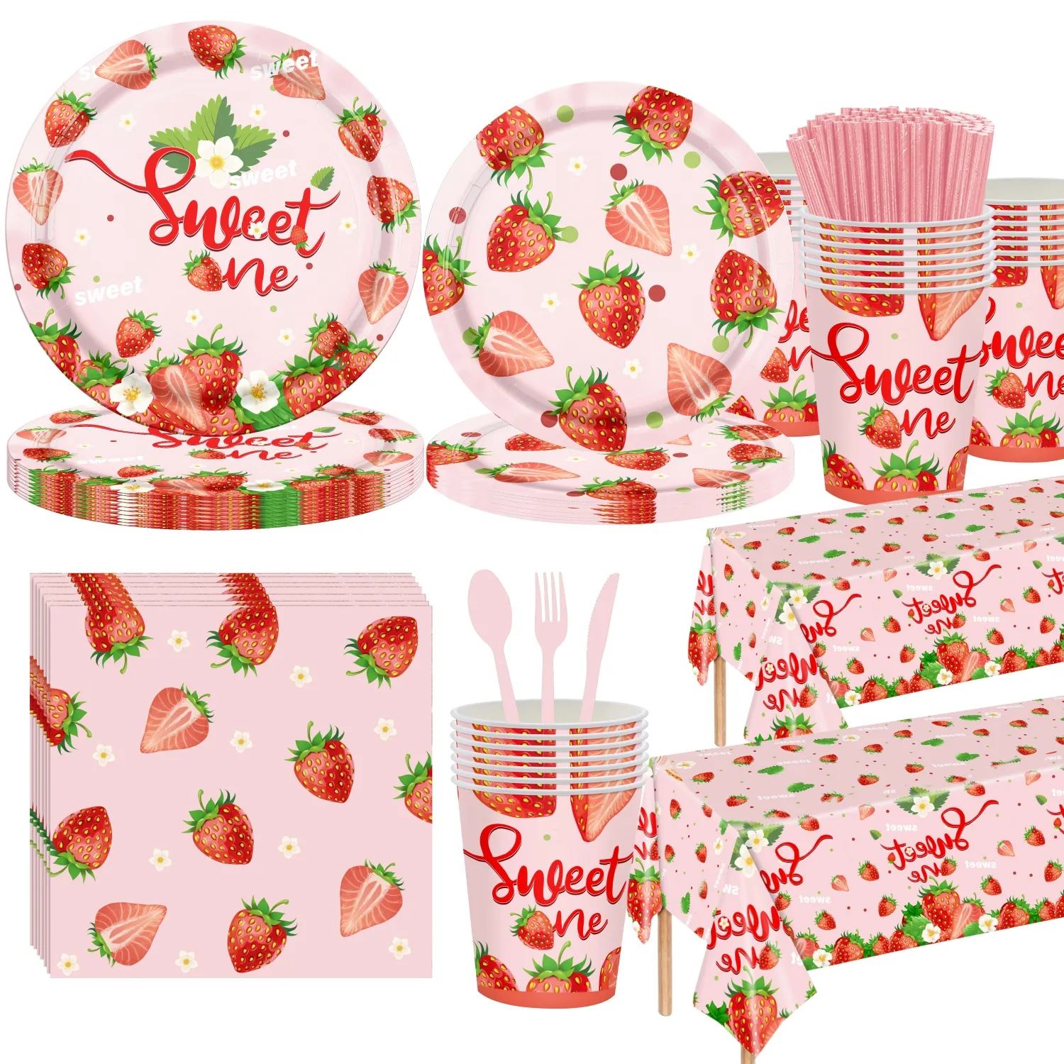 Strawberry 1st Birthday Tableware Set Pink Sweet One strawberry printed disposable tableware kit for girl first birthday party decoration