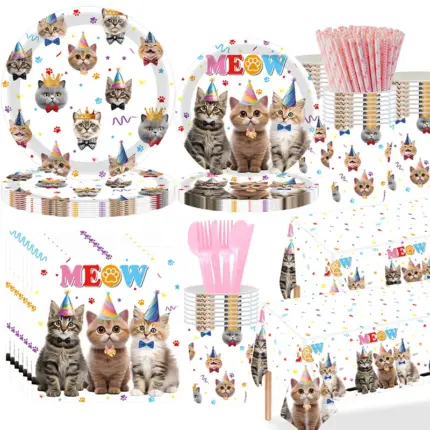Full set of cute kitten printed disposable party tableware including plates, paper cups, napkins, straws, cutlery and tablecloth