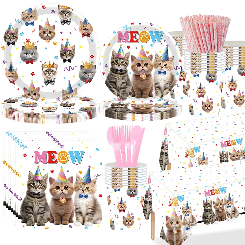 Full set of cute kitten printed disposable party tableware including plates, paper cups, napkins, straws, cutlery and tablecloth