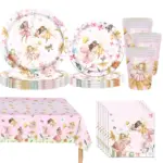Pink floral fairy print disposable party tableware set with plates, cups, napkins and tablecloth for girls birthday party