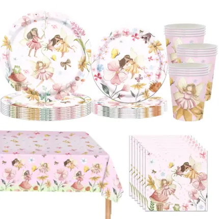 Pink floral fairy print disposable party tableware set with plates, cups, napkins and tablecloth for girls birthday party