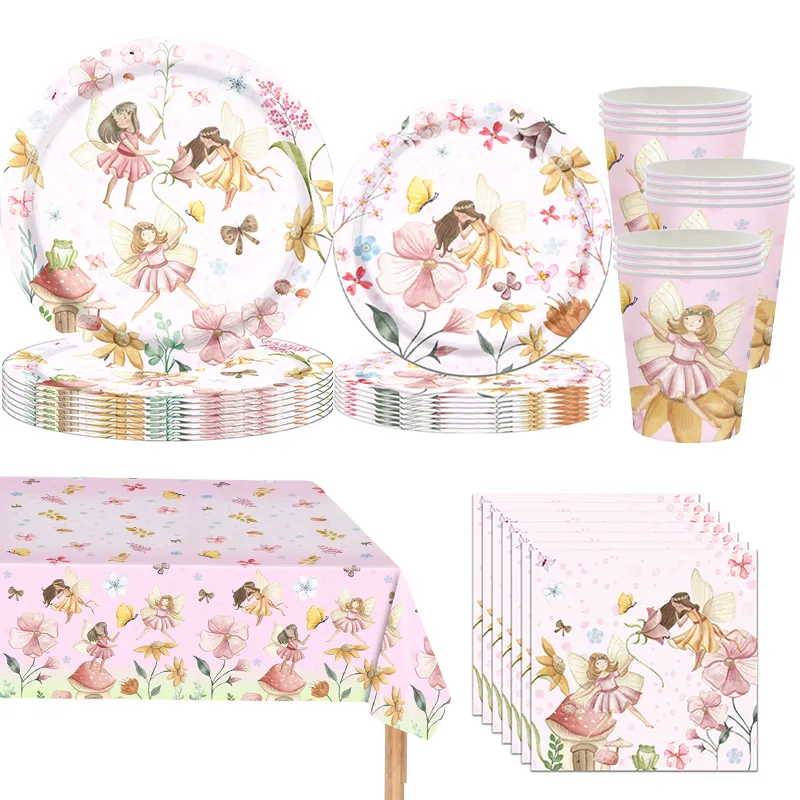 Pink floral fairy print disposable party tableware set with plates, cups, napkins and tablecloth for girls birthday party