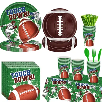 Touchdown football themed disposable party tableware set with plates cups napkins cutlery for game day celebration