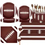 Brown football pattern disposable party tableware set with plates, cups, napkins and printed tablecloth for sports theme parties