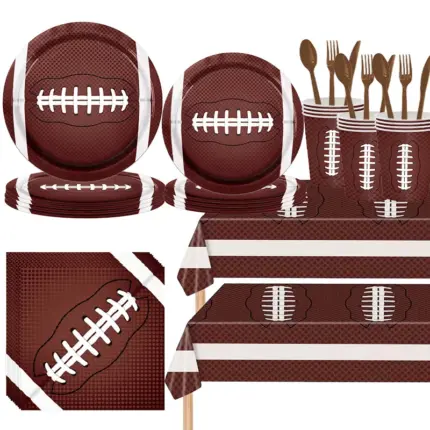 Brown football pattern disposable party tableware set with plates, cups, napkins and printed tablecloth for sports theme parties